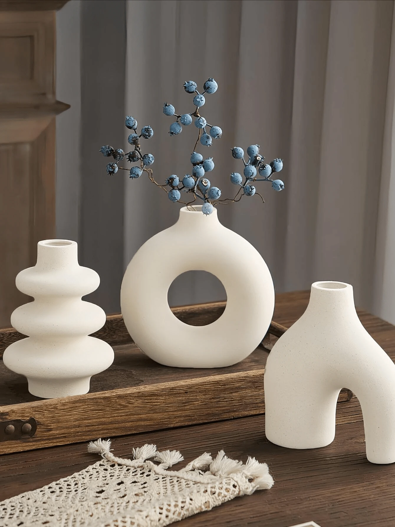 Ribbed Nordic Ceramic Donut Vase Matte Off-White Centerpiece