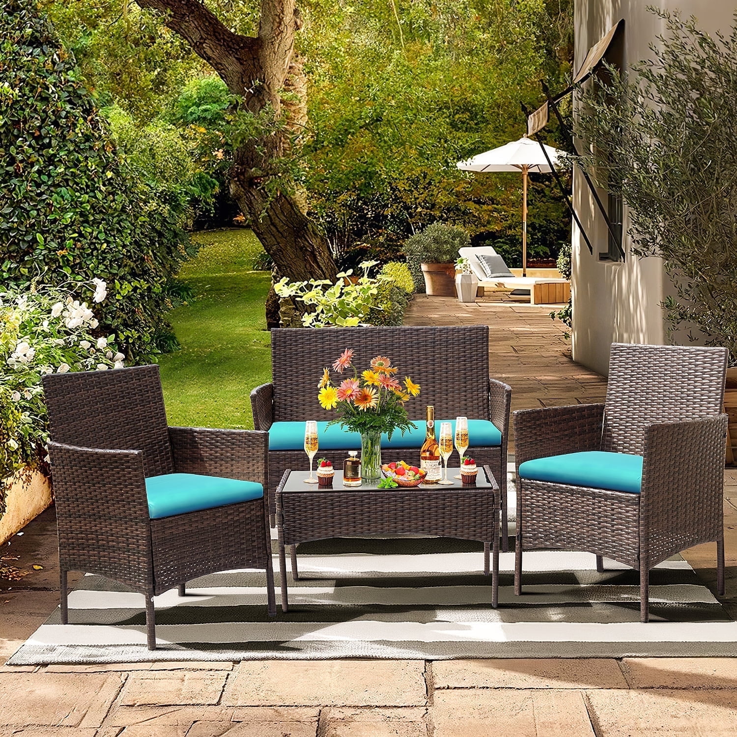 Modern All-Weather 4-Piece PE Rattan Wicker Outdoor Patio Furniture Set